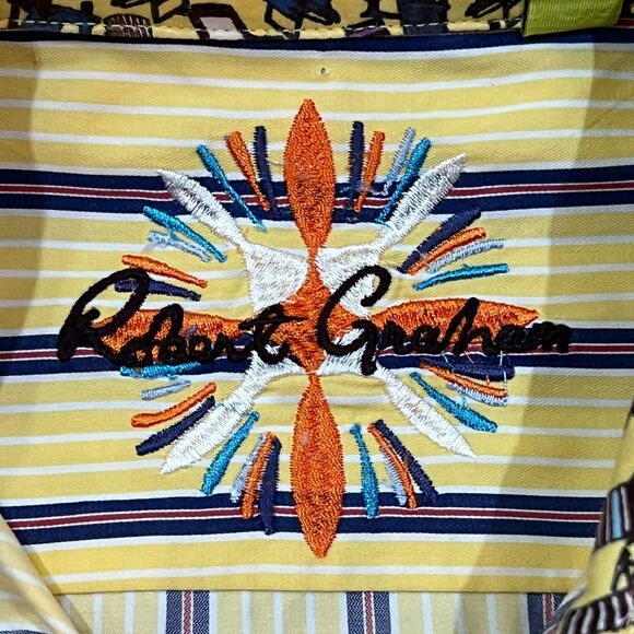 Robert Graham Yellow Striped Button Up Long Sleeve Flip Cuff Shirt - Men's Large - Picture 6 of 10